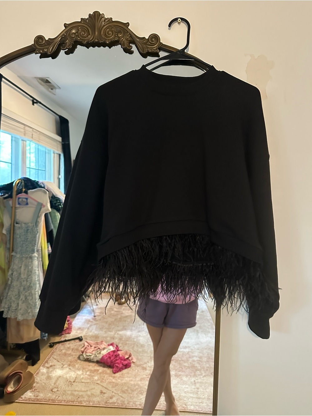 cinq a sept Black Crewneck Sweater with Feather Trim